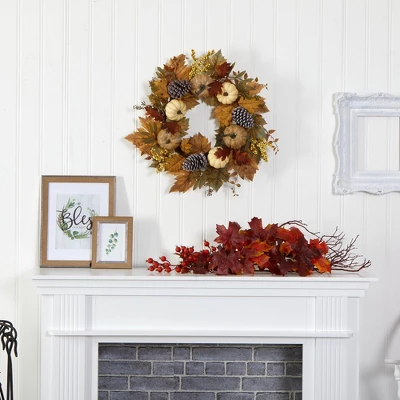 Nearly Natural 24” Fall Pumpkins, Pine Cones And Berries Artificial Wreath 4 Nearly Natural 24” Fall Pumpkins, Pine Cones And Berries Artificial Wreath - Image 2