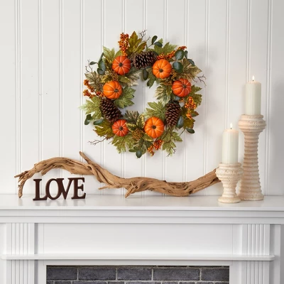 Nearly Natural 24” Pumpkins, Pine Cones And Berries Fall Artificial Wreath 4 Nearly Natural 24” Pumpkins, Pine Cones And Berries Fall Artificial Wreath - Image 2