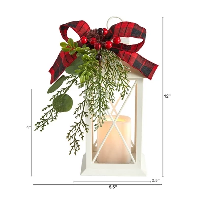 Nearly Natural 12-in Holiday White Lantern With Berries, Pine And Plaid Bow Artificial Christmas Table Arrangement With LED Candle Included 3 Nearly Natural 12-in Holiday White Lantern With Berries, Pine And Plaid Bow Artificial Christmas Table Arrangement With LED Candle Included