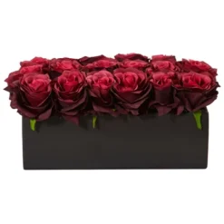 Nearly Natural 6-in Dozen Silk Roses In Ceramic Rectangular Planter