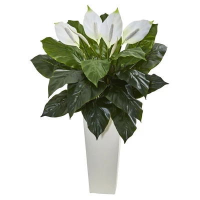 Nearly Natural 3-ft Spathiphyllum Artificial Plant In White Tower Planter 3 Nearly Natural 3-ft Spathiphyllum Artificial Plant In White Tower Planter