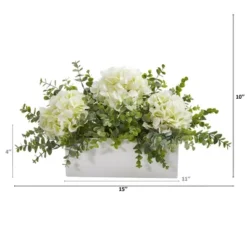 Nearly Natural 15-in Hydrangea And Eucalyptus Artificial Arrangement In White Vase