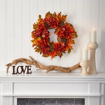Nearly Natural 24” Fall Hydrangea, Lotus And Berries Artificial Wreath 4 Nearly Natural 24” Fall Hydrangea, Lotus And Berries Artificial Wreath - Image 2