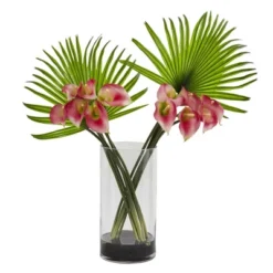 Nearly Natural 27-in Calla Lily And Fan Palm Artificial Arrangement In Cylinder Glass Vase