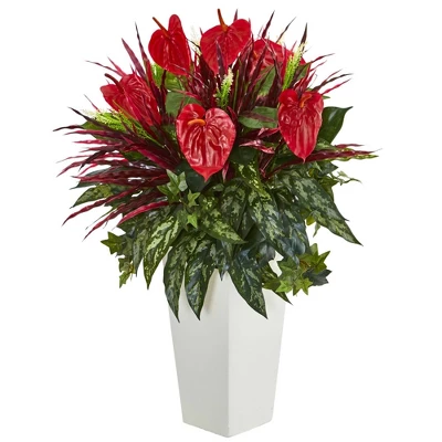 Nearly Natural 33-in Mixed Anthurium Artificial Plant In White Tower Vase" 3 Nearly Natural 33-in Mixed Anthurium Artificial Plant In White Tower Vase"