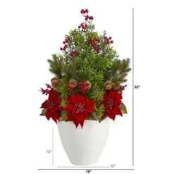Nearly Natural 32-in Poinsettia, Boxwood And Succulent Artificial Arrangement In White Vase