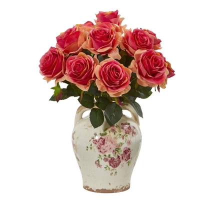 Nearly Natural 16-in Rose Artificial Arrangement In Flower Print Jar 4 Nearly Natural 16-in Rose Artificial Arrangement In Flower Print Jar - Image 2