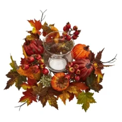 Nearly Natural 8-in Pumpkin, Gourd, Berry And Maple Leaf Artificial Arrangement Candelabrum