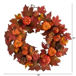 Nearly Natural 24” Autumn Maple Leaves, Pumpkin, Pinecone And Berries Artificial Fall Wreath