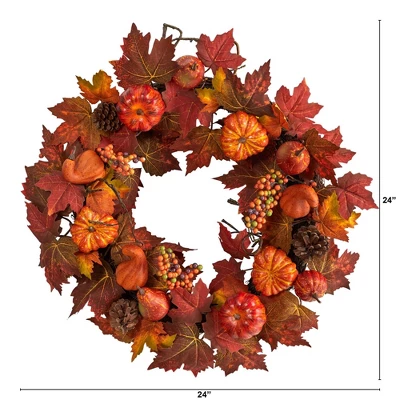 Nearly Natural 24” Autumn Maple Leaves, Pumpkin, Pinecone And Berries Artificial Fall Wreath 3 Nearly Natural 24” Autumn Maple Leaves, Pumpkin, Pinecone And Berries Artificial Fall Wreath
