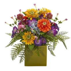 Nearly Natural 14-in Mixed Floral Artificial Arrangement In Green Vase