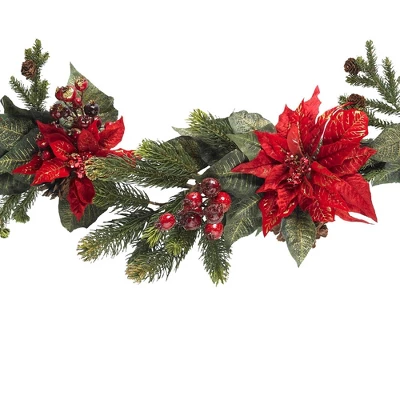 60" Poinsettia & Berry Garland - Nearly Natural 4 60" Poinsettia & Berry Garland - Nearly Natural - Image 2