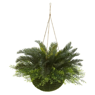 Nearly Natural 13-in Cycas Artificial Plant In Mossy Hanging Basket (Indoor/Outdoor) 3 Nearly Natural 13-in Cycas Artificial Plant In Mossy Hanging Basket (Indoor/Outdoor)