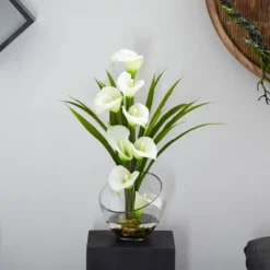 15.5" X 9.5" Artificial Calla Lily And Grass Plant Arrangement In Vase - Nearly Natural