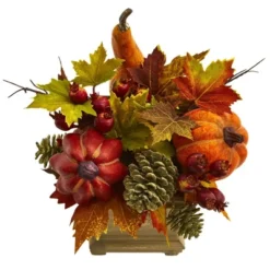Nearly Natural 11-in Pumpkin, Gourd, Berry And Maple Leaf Artificial Arrangement