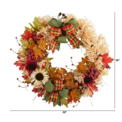 Nearly Natural 30” Harvest Autumn Sunflower, Maple Leaves And Berries Artificial Fall Wreath With Decorative Bows