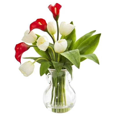 Nearly Natural 19-in Calla Lily & Tulips Artificial Arrangement In Decorative Vase 3 Nearly Natural 19-in Calla Lily & Tulips Artificial Arrangement In Decorative Vase