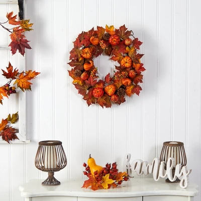 Nearly Natural 24” Autumn Maple Leaves, Pumpkin, Pinecone And Berries Artificial Fall Wreath 4 Nearly Natural 24” Autumn Maple Leaves, Pumpkin, Pinecone And Berries Artificial Fall Wreath - Image 2