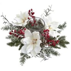 6.5" X 17" Artificial Frosted Magnolia And Berry Plant Arrangement Candelabrum - Nearly Natural